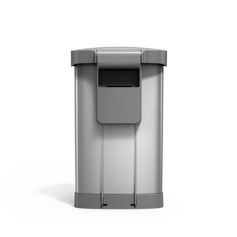 Simplehuman's 45L Semi-Round Step Can in brushed, back view.