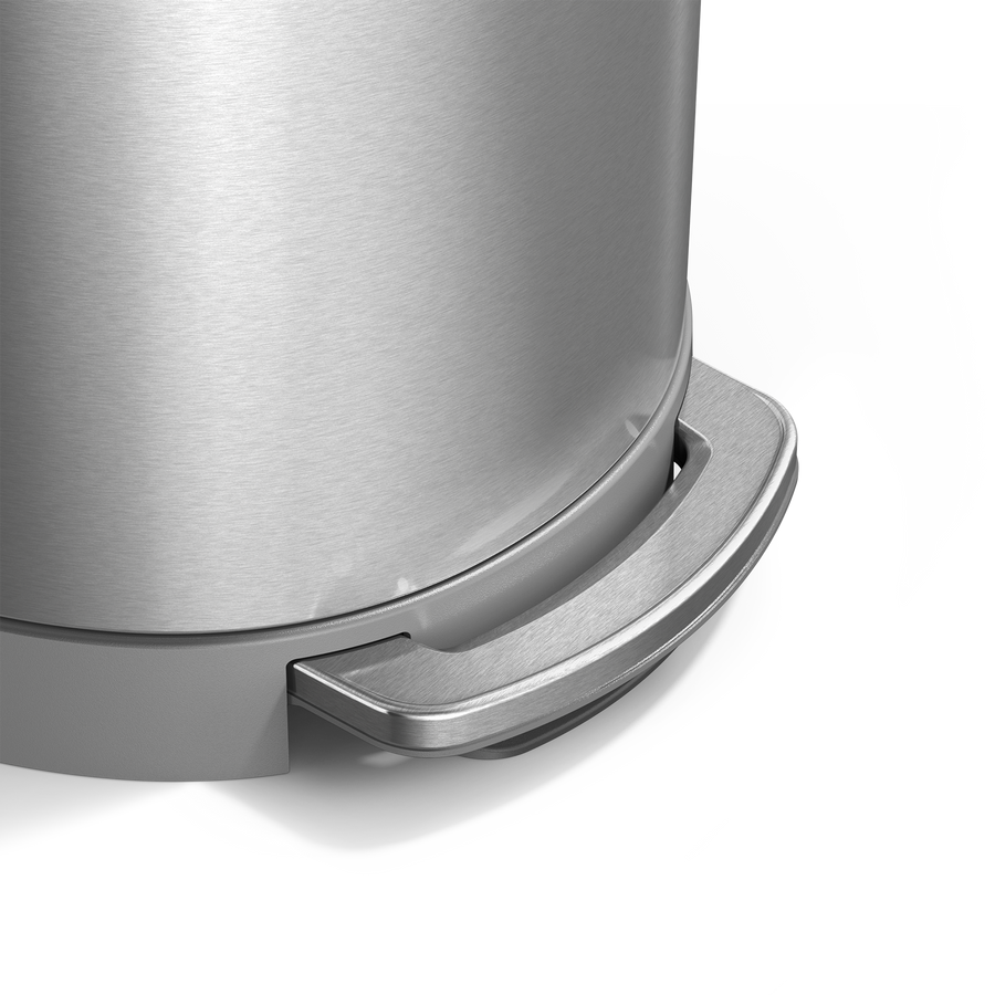 Simplehuman's 45L Semi-Round Step Can in Brushed, detailed view of the pedal. 
