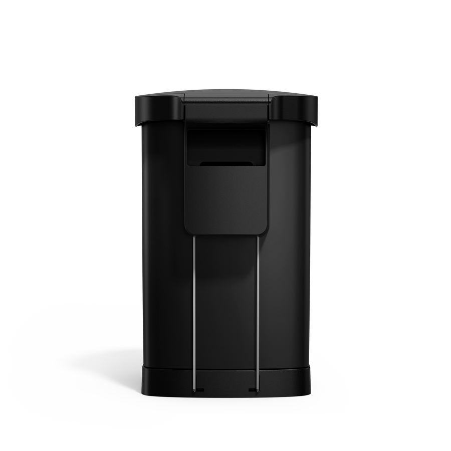 Simplehuman's 45L Semi-Round Step Can in Matte Black, back-angled view. 