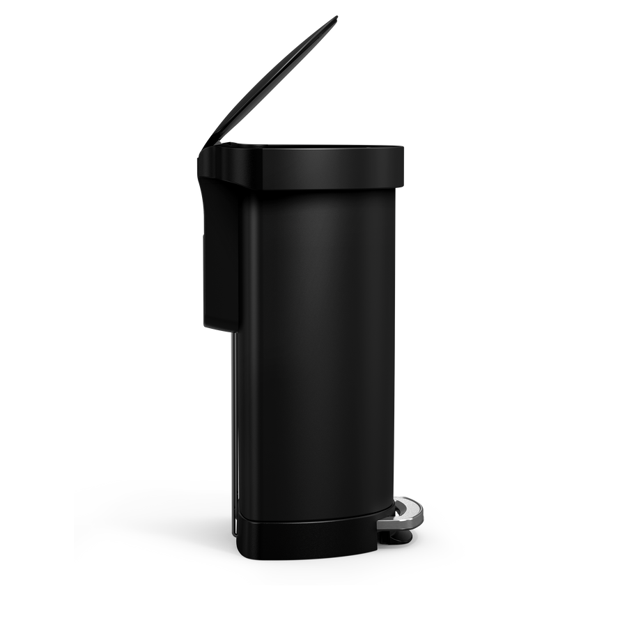 Simplehuman's 45L Semi-Round Step Can in Matte Black, side-angled view. 