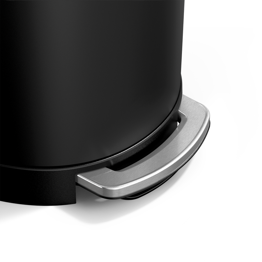 Simplehuman's 45L Semi-Round Step Can in Matte Black, detailed view of the pedal. 