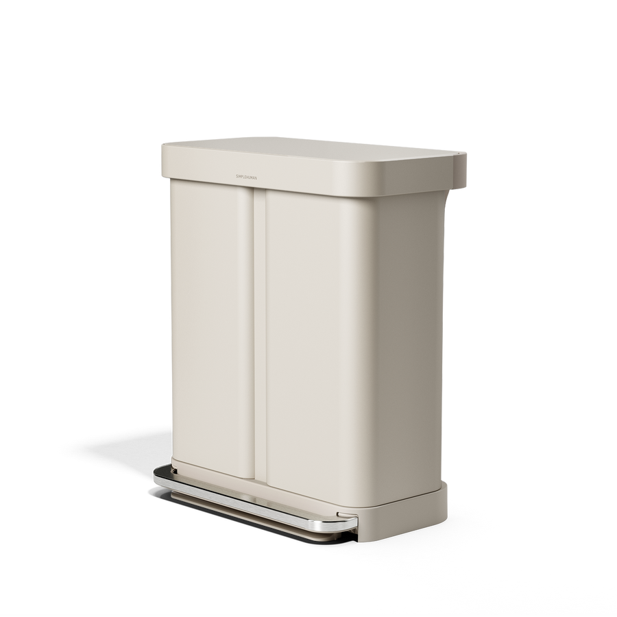 Simplehuman's 58L Step Recycler in Latte, side angled view. 