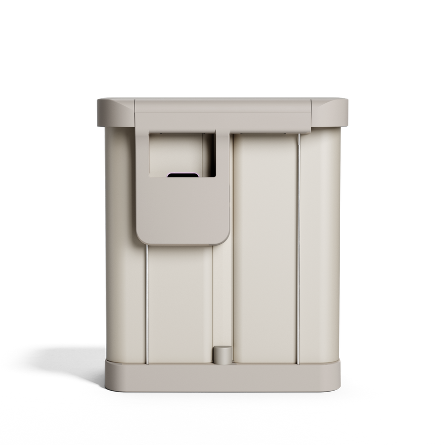 Simplehuman's 58L Step Recycler in Latte, back view showcasing the holder for the Custom Fit Liners. 