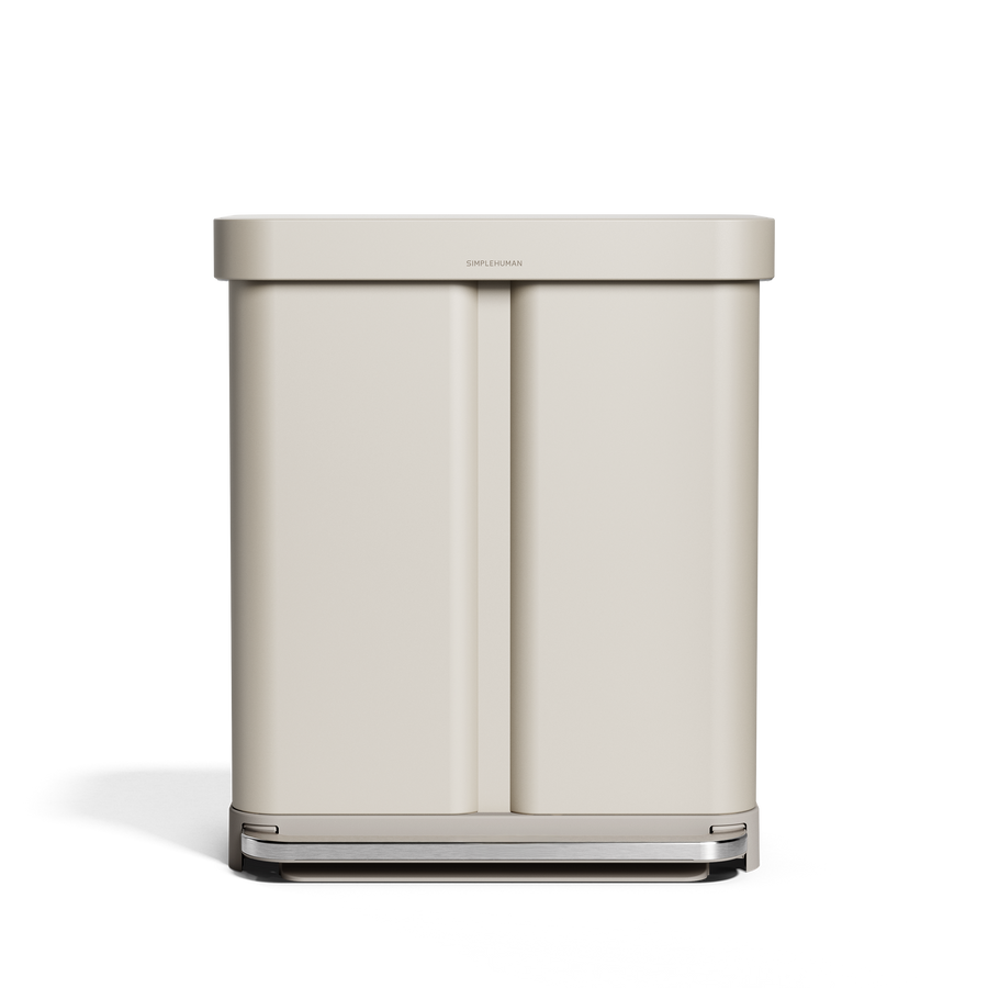 Simplehuman's 58L Step Recycler in Latte, front view. 