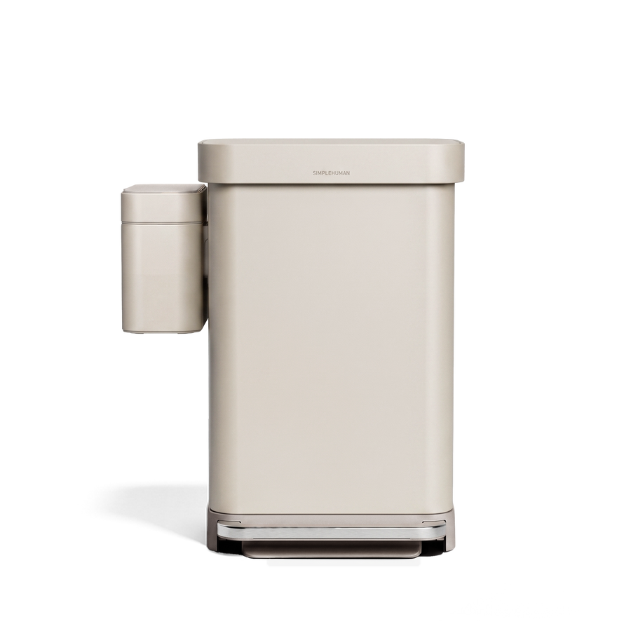 Simplehuman's 45L Step Can with compost caddy docked onto it.