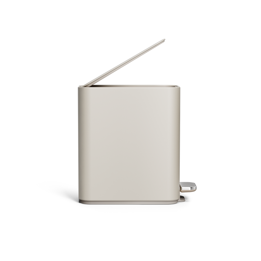 Simplehuman's 5L Slim Can in Latte, side profile view. 