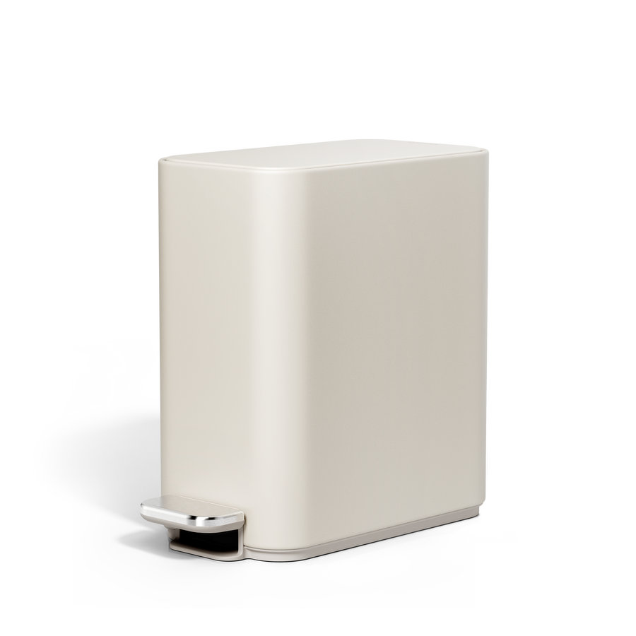 Simplehuman's 5L Slim Step Can in Latte, angled front view.