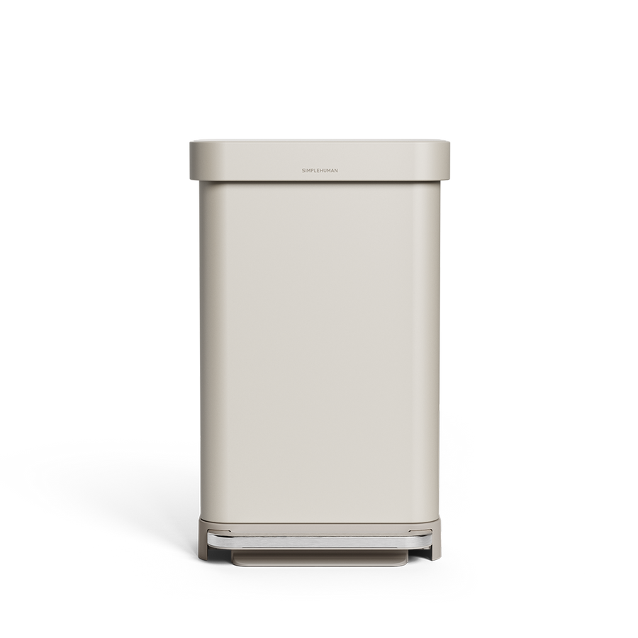 Simplehuman's 45L Step Can in Latte from a front-view. 