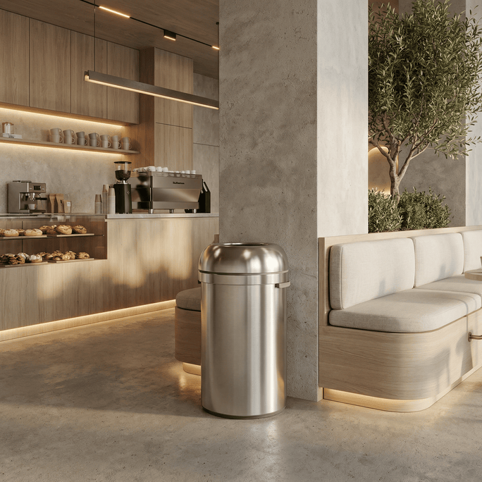 Simplehuman's Brushed All-Steel Bullet Open Can in 80L in a modern coffee shop with greenery, marble and wood appliances. 