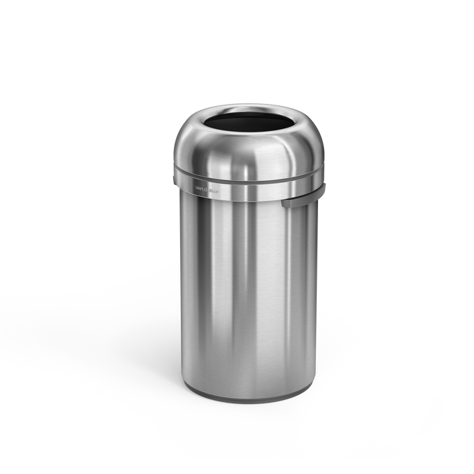 Simplehuman's 60L All-Steel Bullet Open Can in Brushed Angled view.