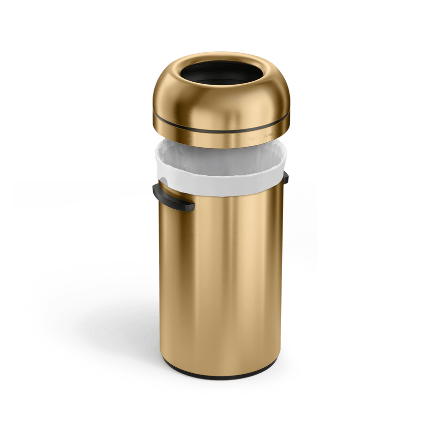Simplehuman's 60L Bullet Open Can in Gold with the lid lifted showcasing the liner.