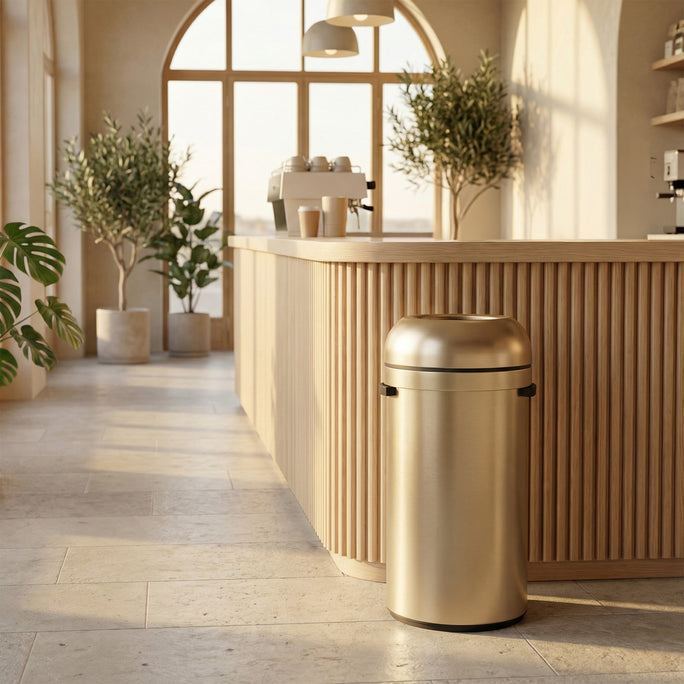 Simplehuman's 60L All-Steel Bullet Open Can in Champagne in a cafe setting.