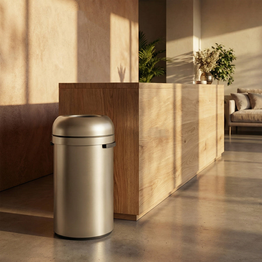 Simplehuman's 60L All-Steel Bullet Open Can in a warm-lit lobby setting.