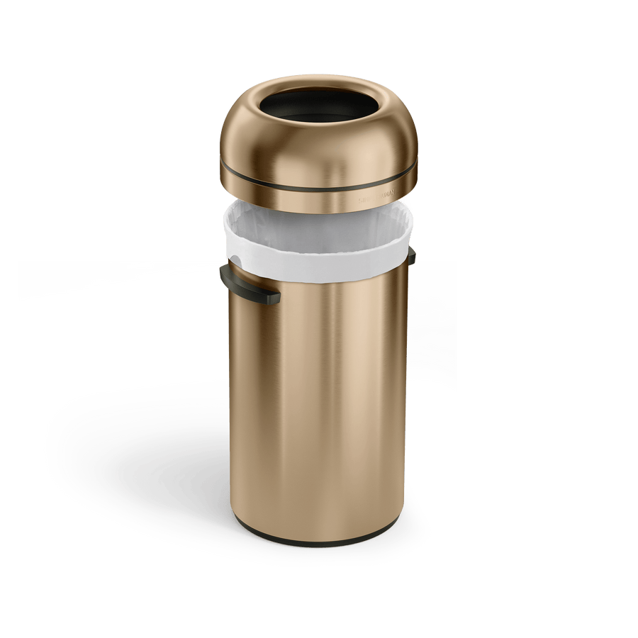 Simplehuman's 60L Bullet Open Can in Champagne with the lid lifted showcasing the liner.