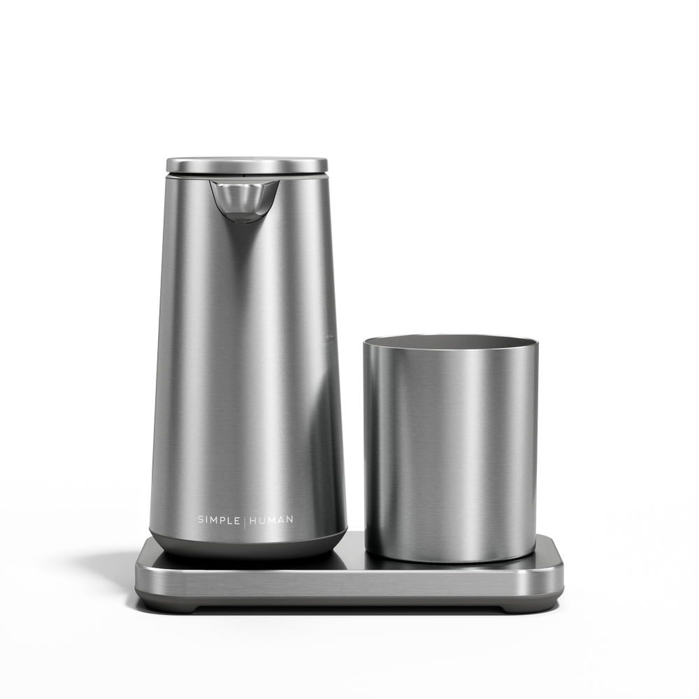 Simplehuman Brushed Stainless Steel touch-free Foam Sensor Pump and Cup with drip-free base.