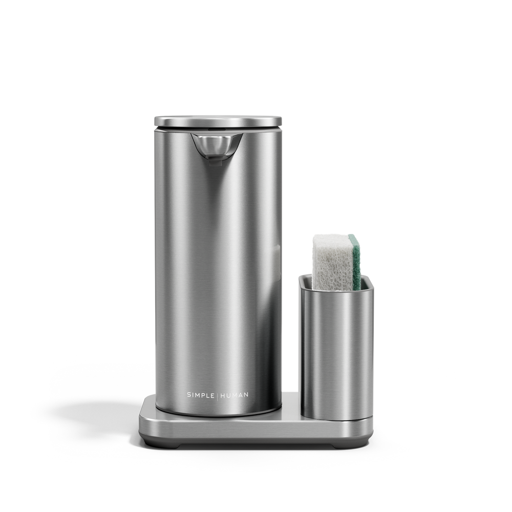 Simplehuman Brushed Stainless Steel 14 oz Sensor Pump + Caddy, touch-free operation and space-saving design.