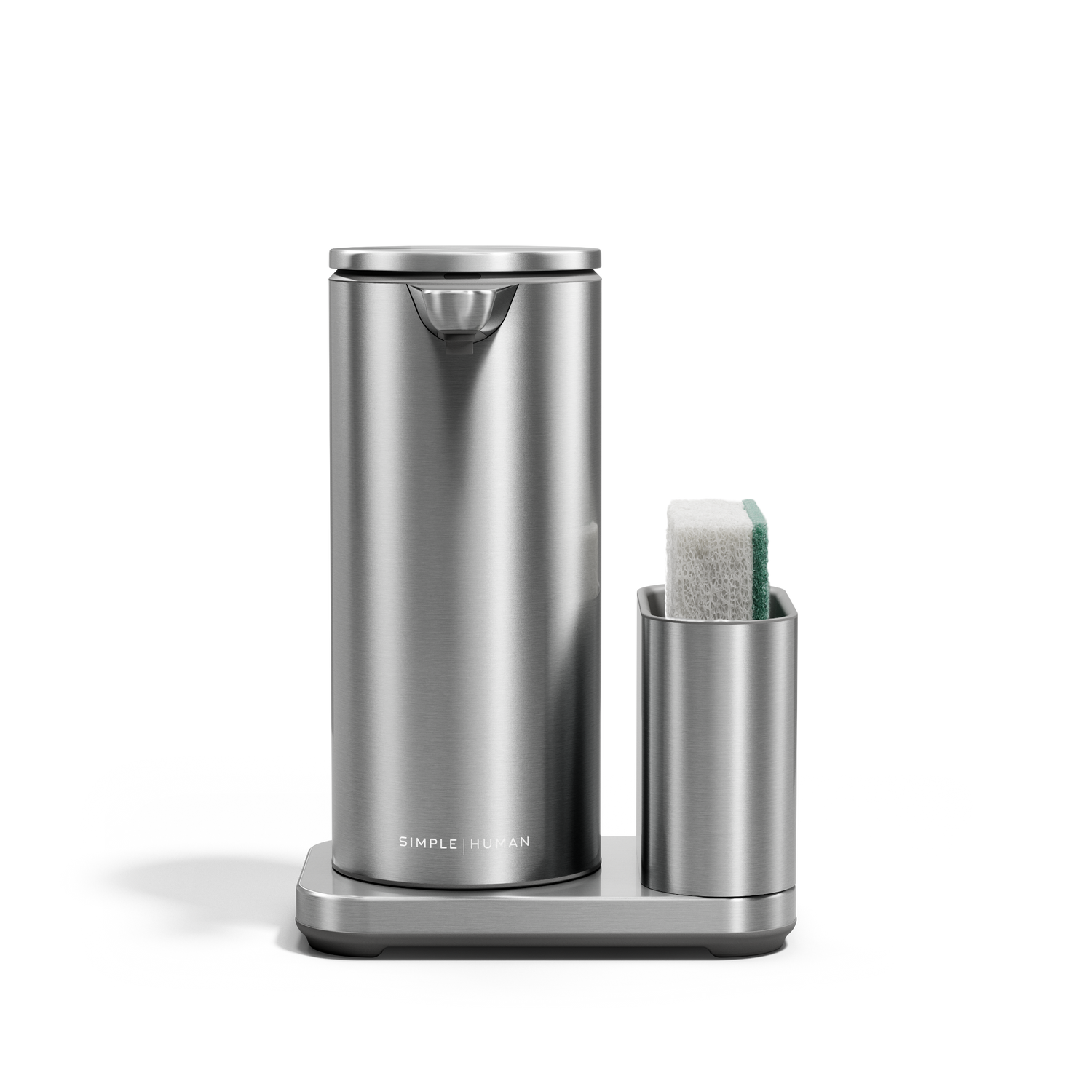 Simplehuman Brushed Stainless Steel 14 oz Sensor Pump + Caddy, touch-free operation and space-saving design.