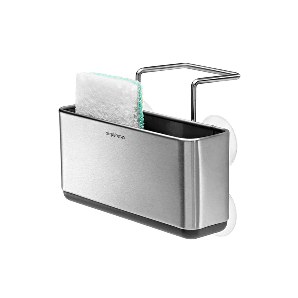 Simplehuman Slim Sink Caddy in Brushed Stainless Steel, space-saving design uses suction cups to hold scrubbers.