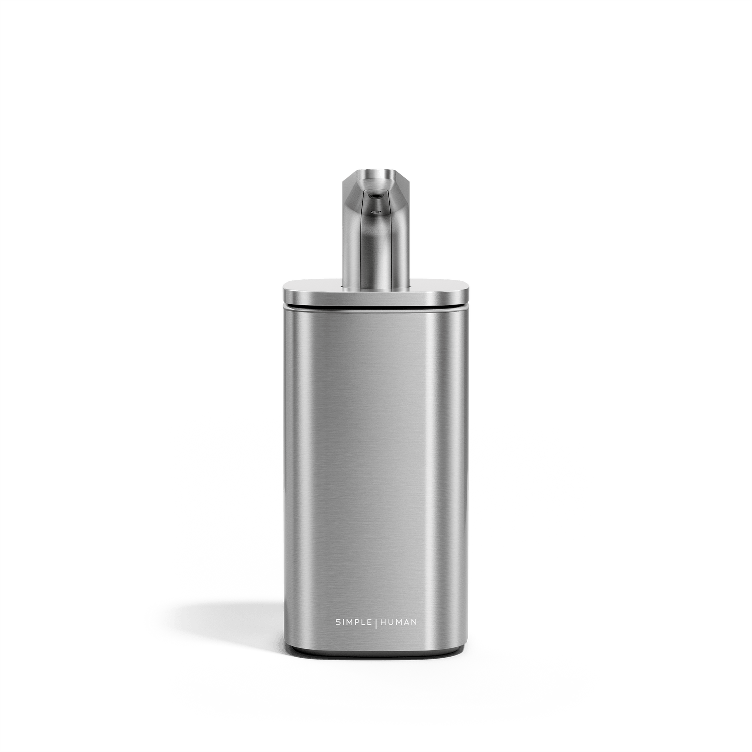 Simplehuman Brushed Stainless Steel Pulse Pump dispenser, front view. Easy-press pump head provides precise, one-handed operation.