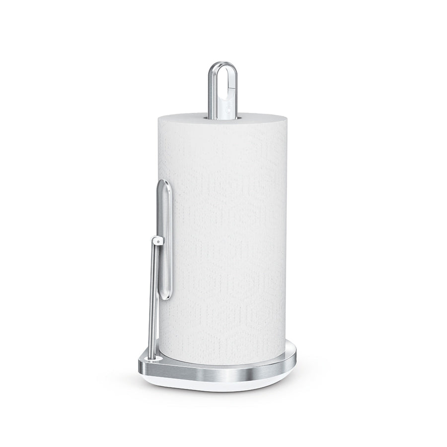 Front view, Simplehuman Paper Towel Pump, Brushed Stainless Steel/White, weighted base, one-handed tear, integrated spray.