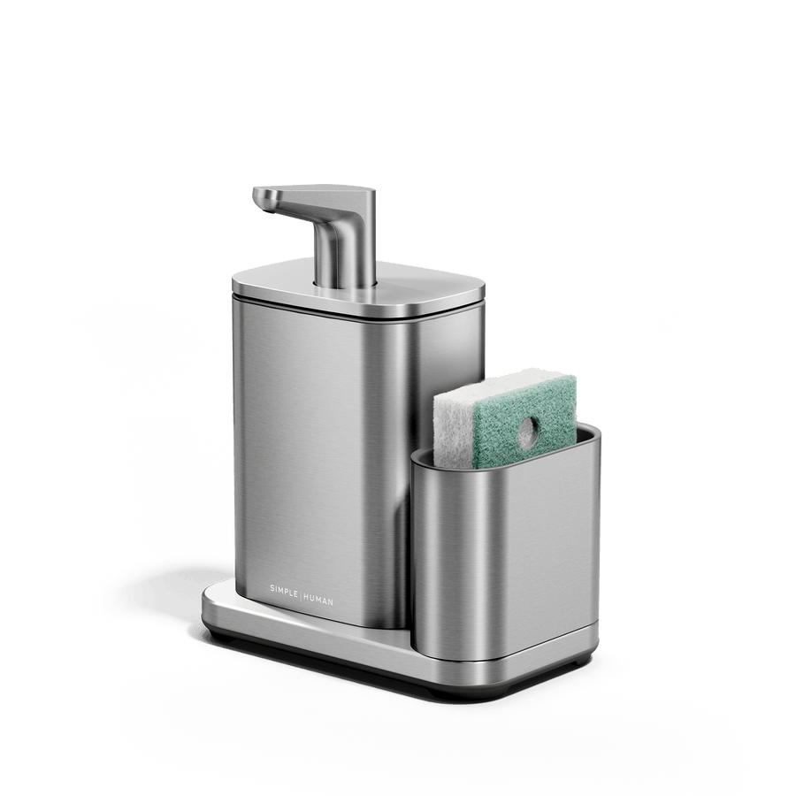 Angled Simplehuman Brushed Pulse Pump with Caddy holding a green sponge in the caddy.