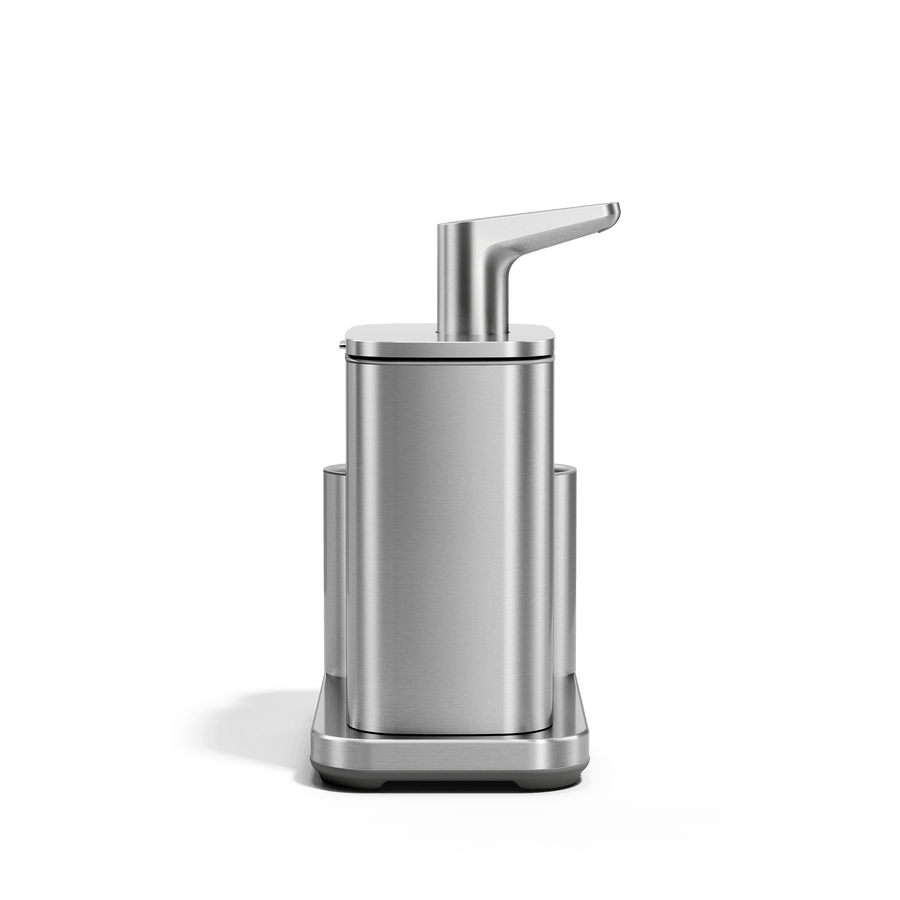 Side view of Simplehuman Brushed Pulse Pump with Caddy.