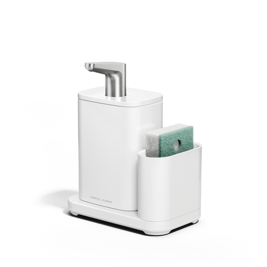 Angled Simplehuman White Pulse Pump with Caddy with green sponge in caddy.