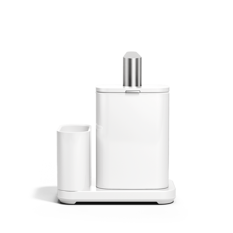 Back of Simplehuman White Pulse Pump with Caddy.