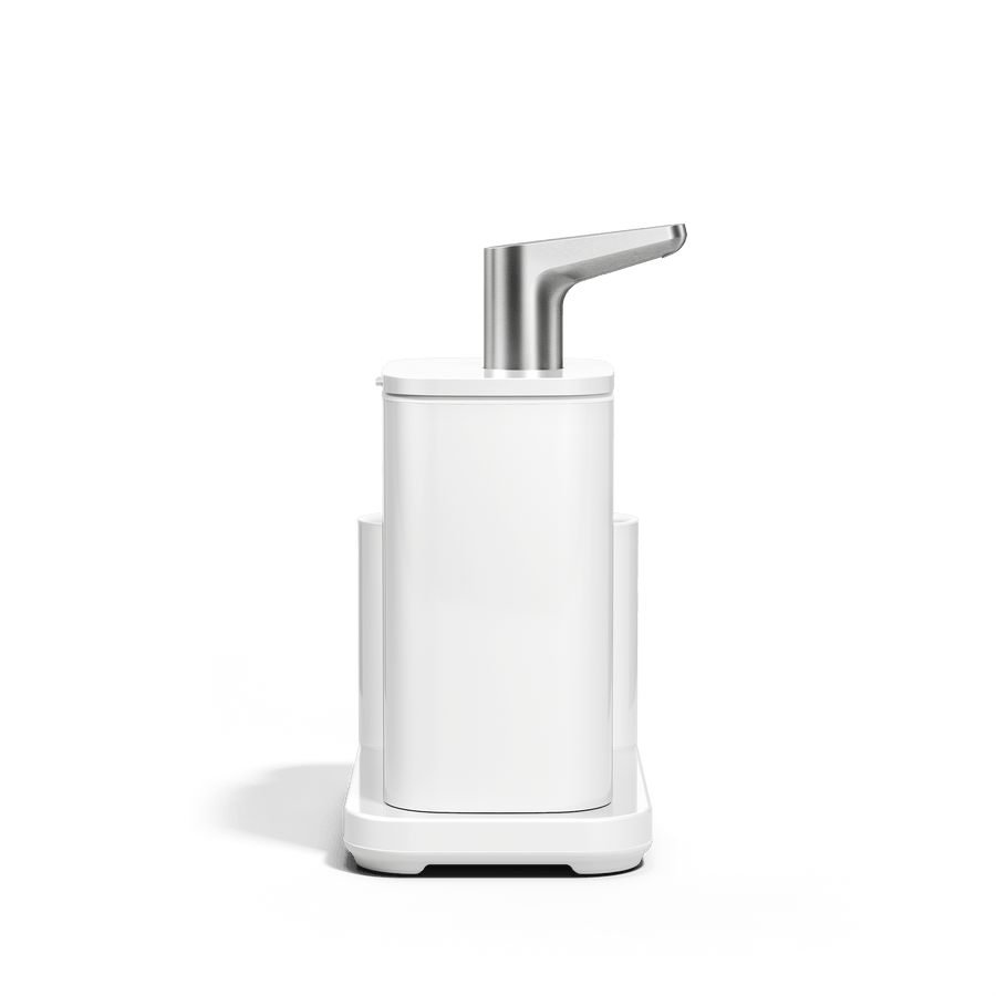 Simplehuman White Pulse Pump with caddy side view.