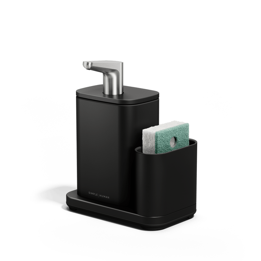 Angled view of Simplehuman Pulse Pump with Caddy with green sponge in caddy.