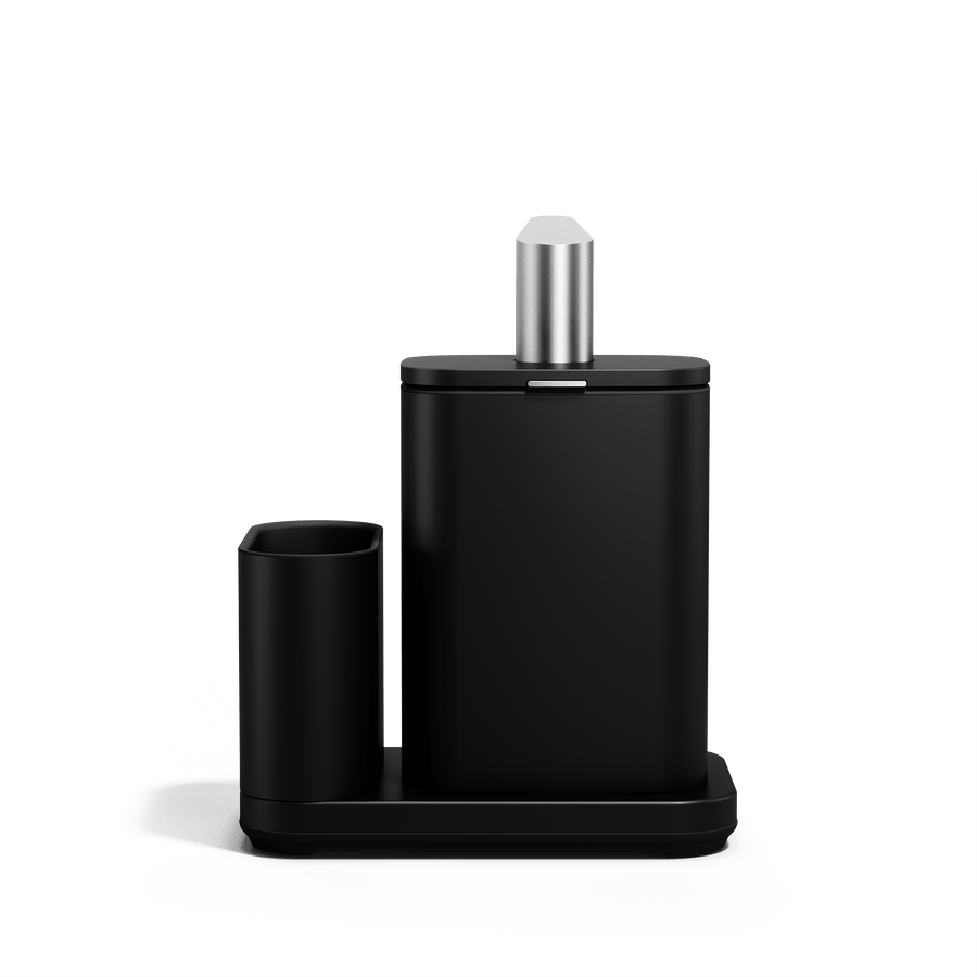 Back of Simplehuman Matte Black Pulse Pump with Caddy.