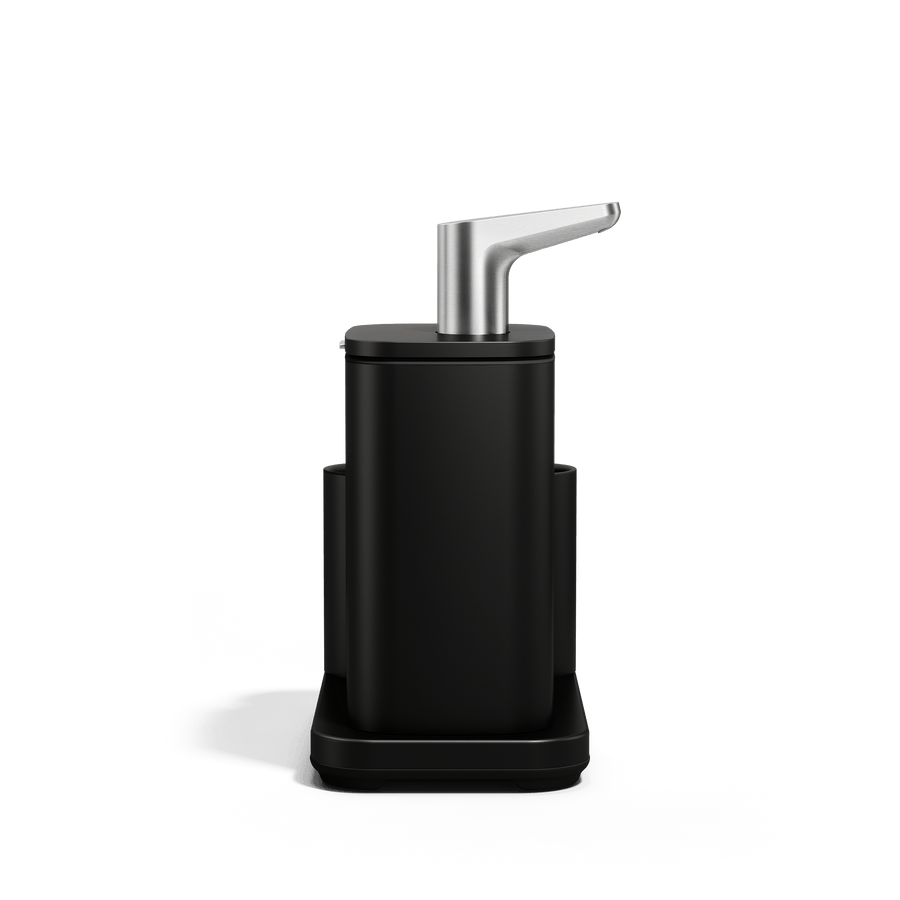 Side view of Simplehuman Matte Black Pulse Pump with Caddy with Stainless Steel Pump.