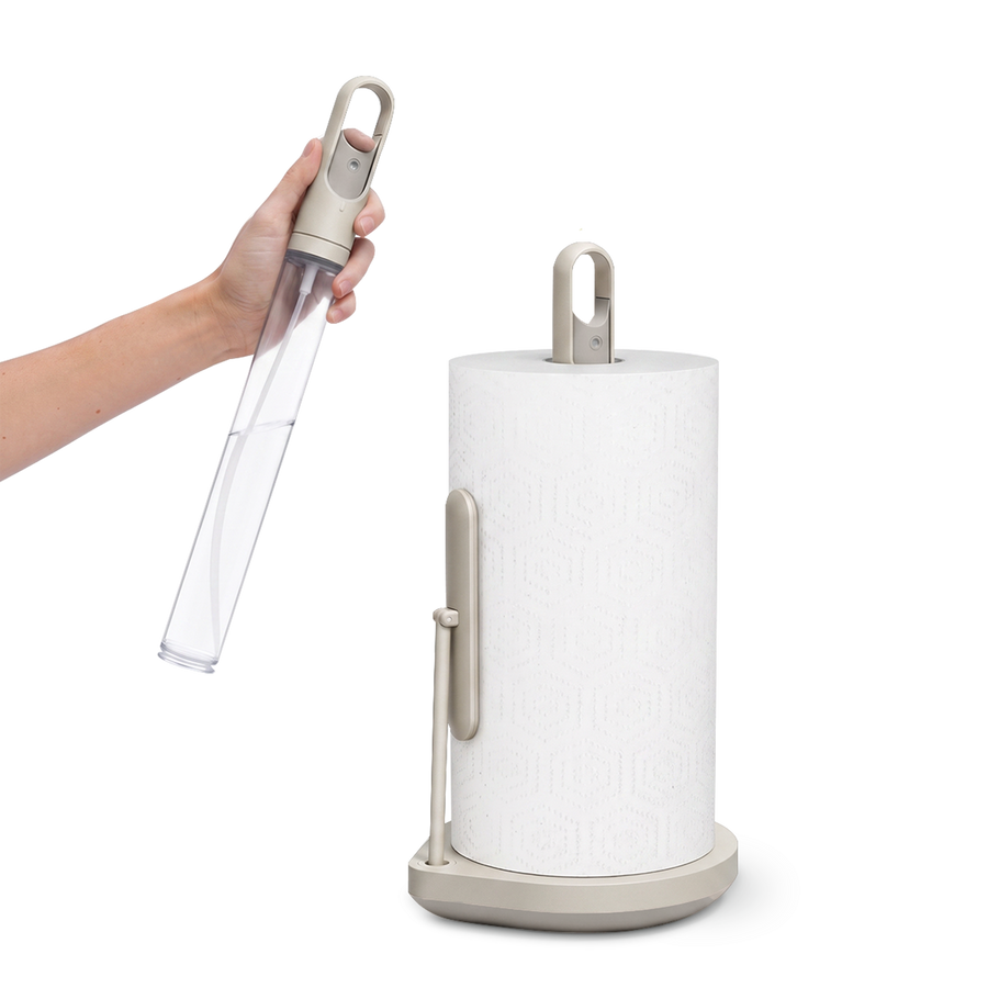 Simplehuman's Paper Towel Holder with Spray in a Latte finish showcasing the pump abilities.