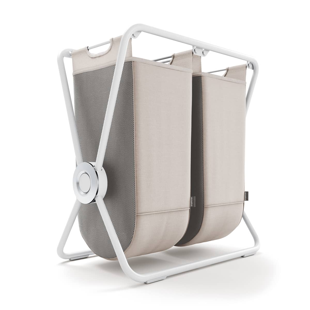 Angled view of Simplehuman Double X-Frame Hamper, White frame, dual removable beige/gray liners for sorting laundry.
