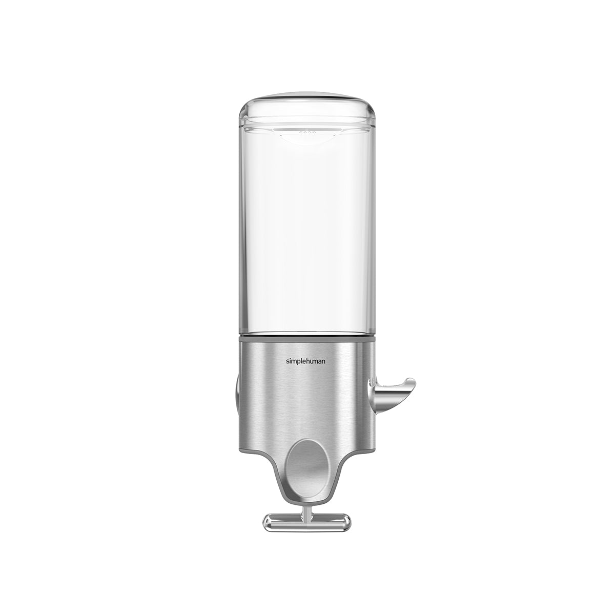 Simplehuman Single Chamber Shower Dispenser, Brushed Stainless Steel, visible contents, wall-mounted.