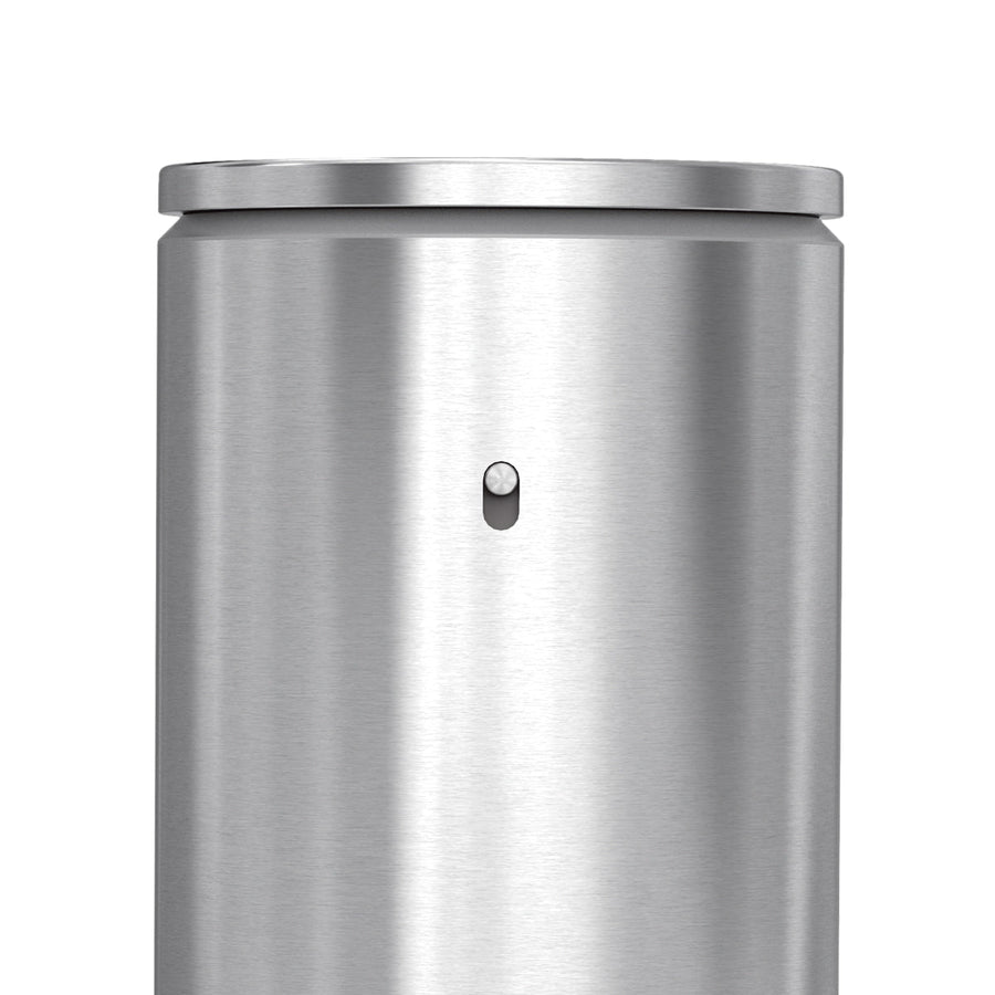 Detail view of Simplehuman Dual Sensor Pump Brushed Stainless Steel body showing the adjustable volume control switch.