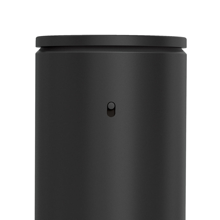 Close-up of Simplehuman Matte Black Dual Sensor Pump body showing the adjustable volume control switch.