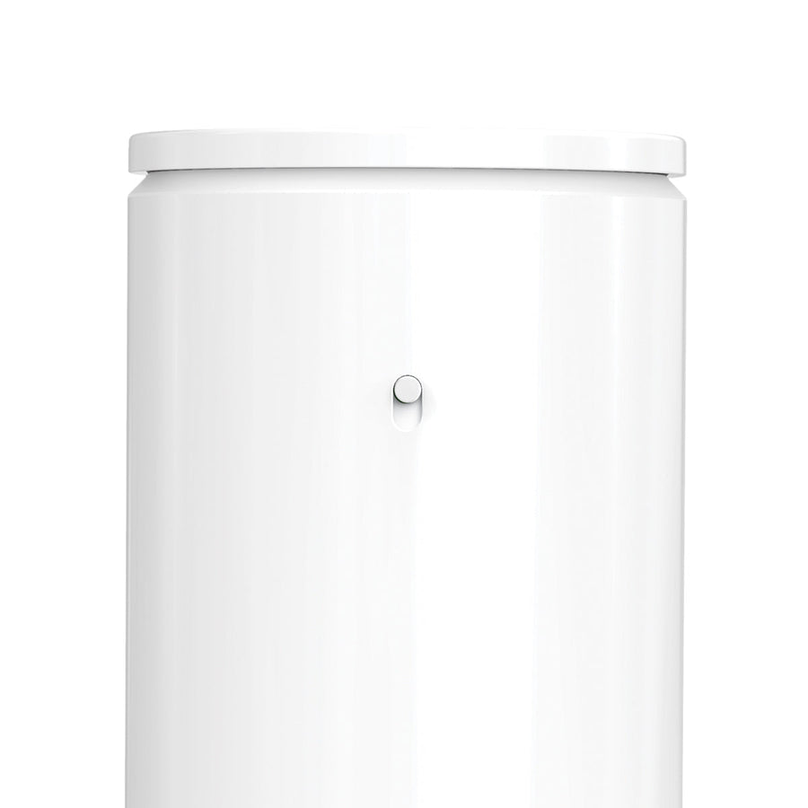 Detail view of Simplehuman White Dual Sensor Pump body showing the chrome volume adjustment switch.