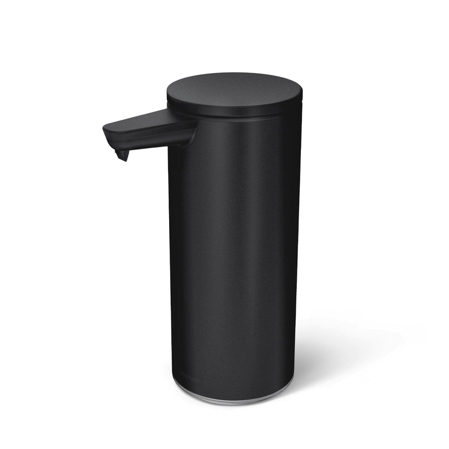 Simplehuman 9 oz. Rechargeable Sensor Pump in Matte Black, front view, touch-free and drip-free dispensing.