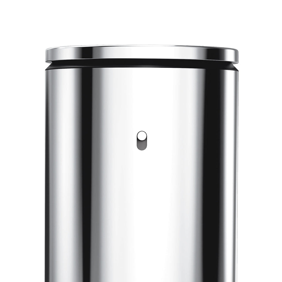 Detail view of Simplehuman Dual Sensor Pump body in Polished Stainless Steel, showcasing the reflective finish.