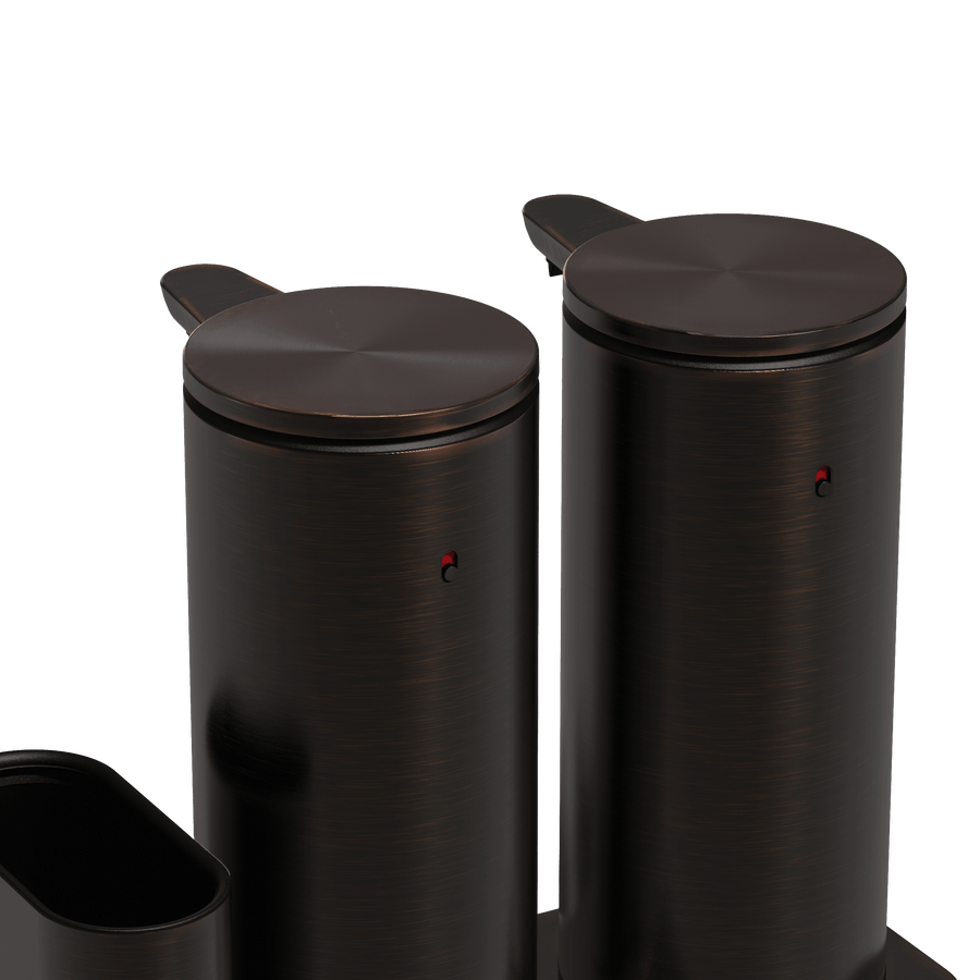 Detail view of Simplehuman Dual Sensor Pump 14 oz in Dark Bronze, showing brushed texture and touch-free sensor points.