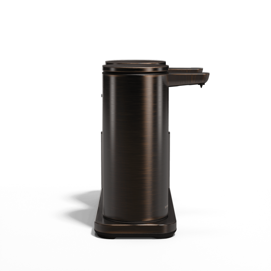 Isolated straight profile view of Simplehuman Dual Sensor Pump 14 oz in Dark Bronze finish, touch-free dispensing.