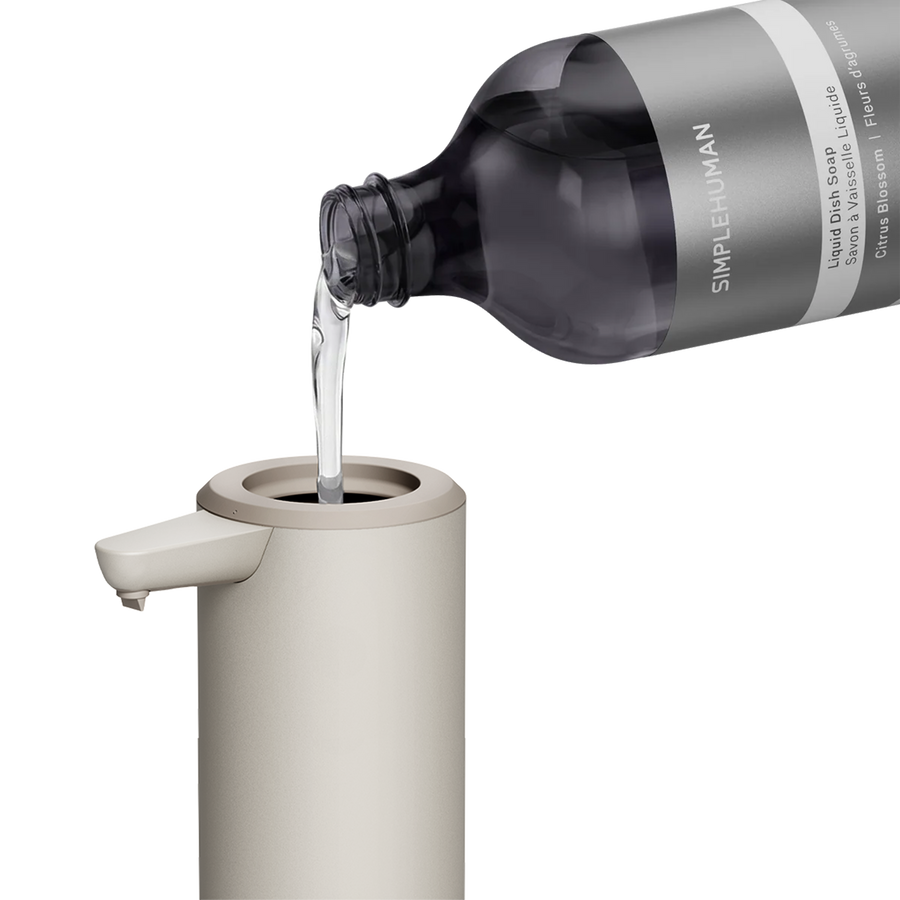 Simplehuman's Sensor Pump Dish with dish soap dispensing into the pump. 