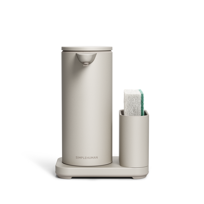 Simplehuman's Sensor Pump Dish front view with a sponge in the caddy area. 