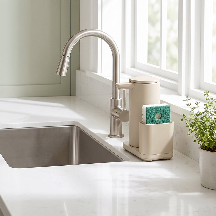 Simplehuman's 14oz. Sensor Pump Dish closeup on a sink countertop with a sponge in the caddy. 