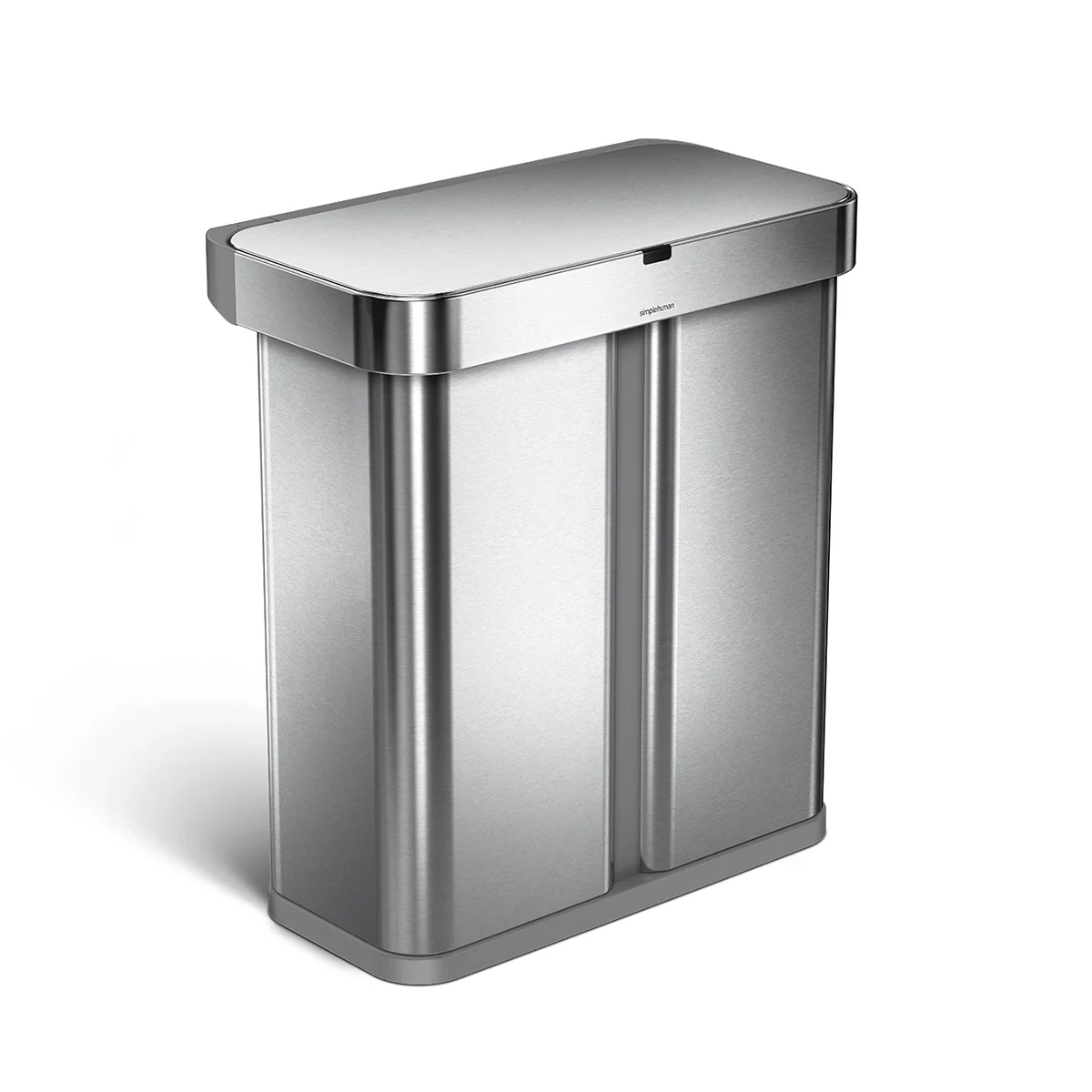 Simplehuman 58L Dual Compartment Sensor Can, Brushed Stainless Steel, voice and motion control, touch-free operation.