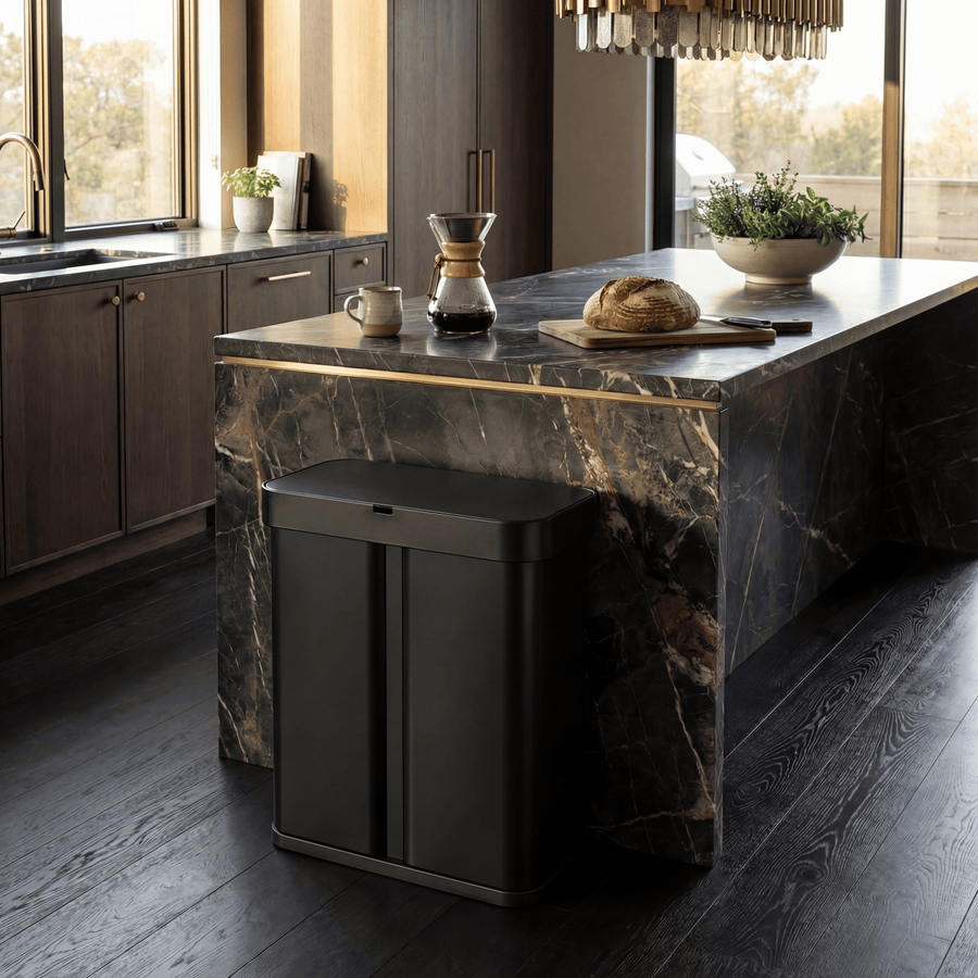 Simplehuman's Matte Black 58L Sensor Can in a warmer lived in household with black marble countertops, wooden floor, and wooden cabinets with gold/brass hardware.