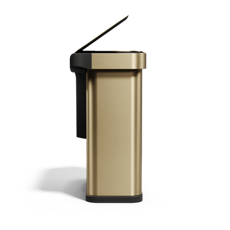 Simplehuman's Matte Gold Sensor Recycler side view with the lid opening featuring the black accents.