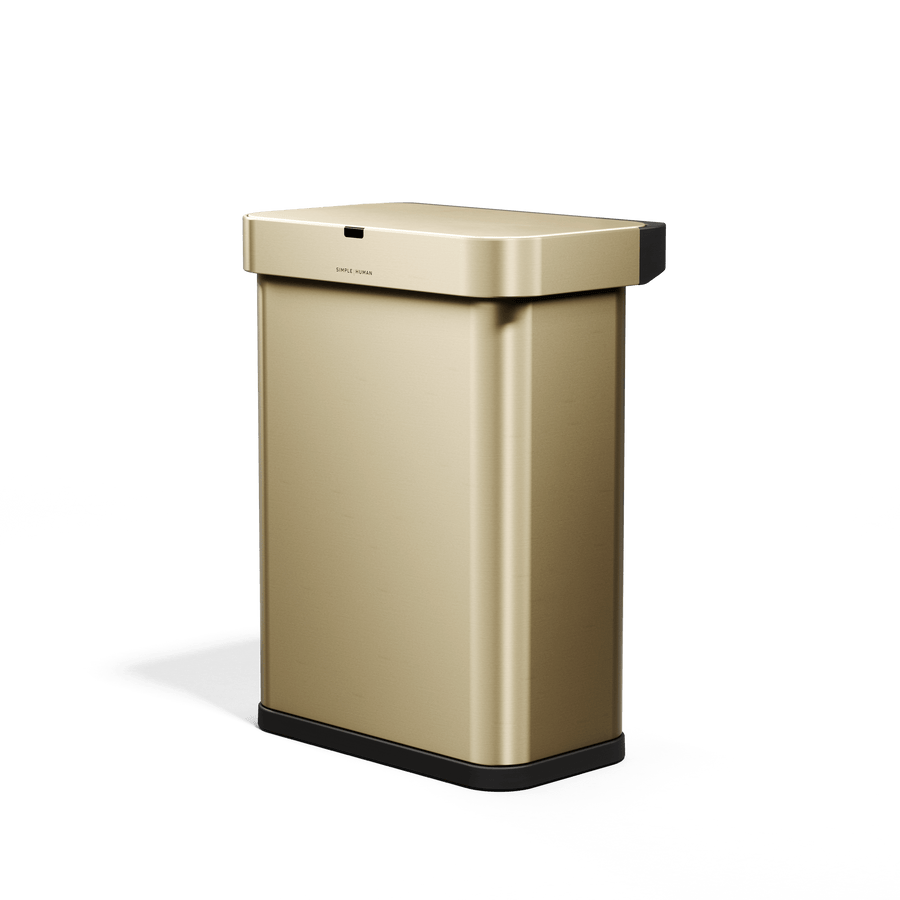 Simplehuman's Sensor Can in matte gold side angled view. 