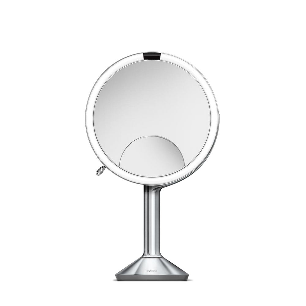 Simplehuman Sensor Mirror Trio in Polished Stainless Steel, illuminated and touch-free sensor mirror with inset magnification.